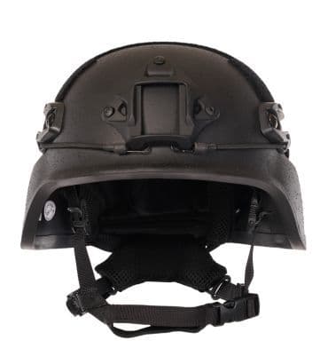 Front view of black PASGT Helmet with mounting shroud and chin strap military protection gear