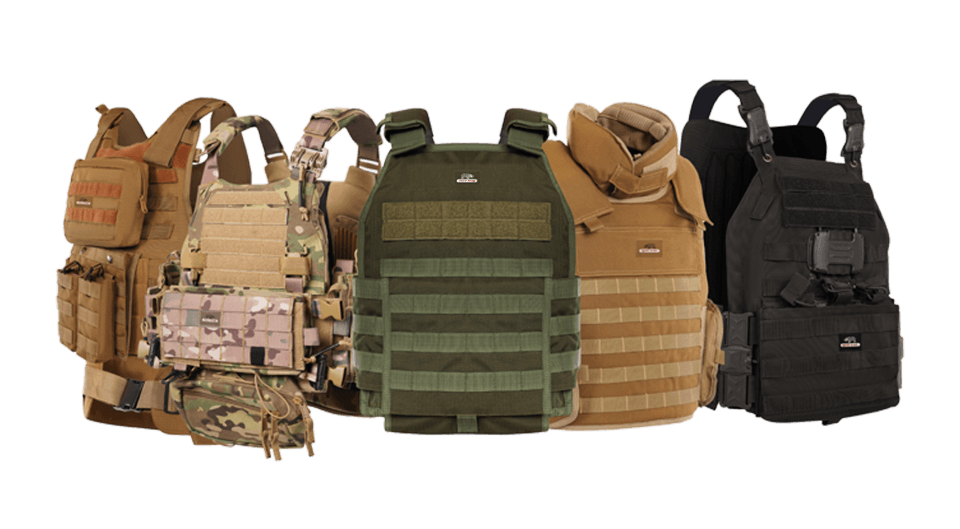 Hard Shell tactical body armor collection showcasing multiple vest designs in tan, camo, green, and black for military and law enforcement use.