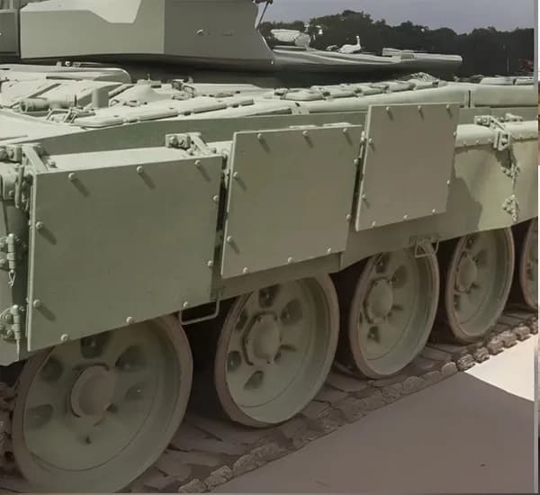Armored military tank with reinforced side panels and heavy-duty tracks for battlefield protection.