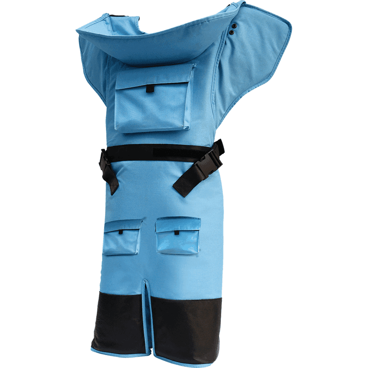 Angled view of a blue demining apron with extended protective collar, front pockets, and reinforced lower panels.