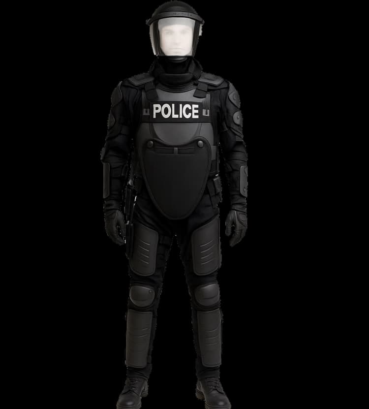 Hard Shell riot control protective suit with full-body armor and helmet for police defense operations.