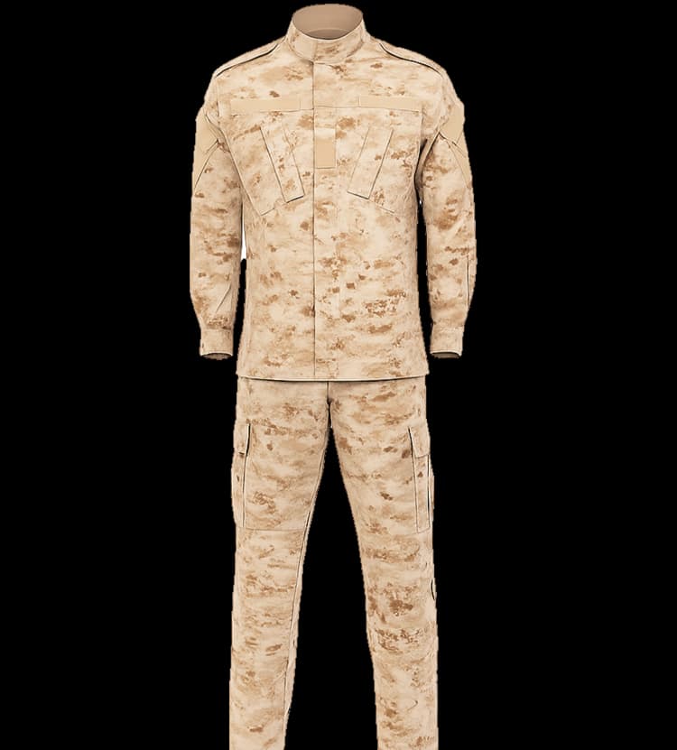 Front view of a desert digital camouflage tactical uniform with long sleeves and cargo pants, made by Hard Shell.