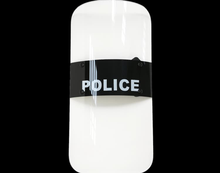 Clear polycarbonate Hard Shell Police Riot Shield with black central strap and bold POLICE text.
