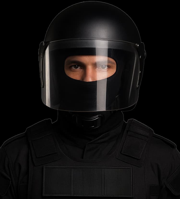 Front view of Hard Shell Riot Control Helmet worn with tactical uniform and full-face transparent visor.