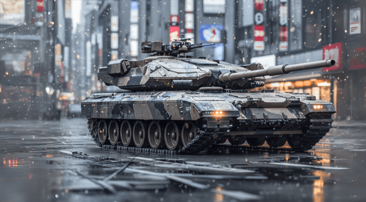 Modern battle tank on wet city street with camouflage armor, showcasing military power and advanced defense techonology.