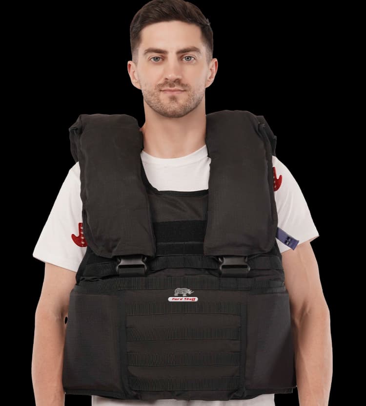 Man wearing Hard Shell Tactical Marine Vest with flotation collar and tactical MOLLE webbing, front view.